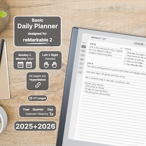 Basic Daily Planner for reMarkable 2, 2025, 2026, Daily Calendar and Notebook, Hyperlinked, Sunday-Monday Start, Left-Right Handed, Dated