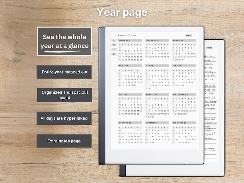 Planificador diario premium para reMarkable 2 — 2026, 2027, calendario y cuaderno, Año completo, Trimestre, Mes, Semana, Día, Domingo-Lunes, Izquierda-Derecha imagen 4