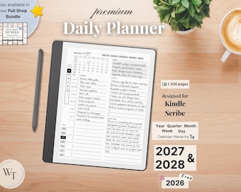Premium Daily Planner for Kindle Scribe — Minimalist, 2026, 2027, 2028, Year Quarter Month Week Day, Sunday-Monday, Left-Right-Handed