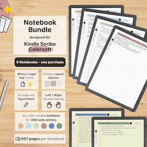 Set of 6 Notebooks for Kindle Scribe Colorsoft, White & Legal Pad, 607 pages per Notebook, lined, dotted, squared, yellow, Hyperlinked