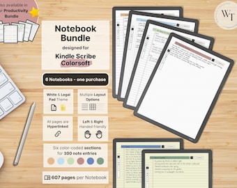 Set of 6 Notebooks for Kindle Scribe Colorsoft, White & Legal Pad, 607 pages per Notebook, lined, dotted, squared, yellow, Hyperlinked