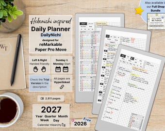 Daily Planner for reMarkable Paper Pro Move, 2027, 2026, Hobonichi Style, DayNichi, Year, Quarter, Month, Week, Day, Sunday-Monday
