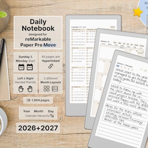 May include: A digital daily notebook for reMarkable Paper Pro Move featuring 1,904 hyperlinked pages, 2026 and 2027 calendar layouts, Sunday and Monday start options, and left and right-handed friendly navigation, displayed on three tablet screens.