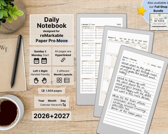 Daily Notebook for reMarkable Paper Pro Move, 2026, 2027, dated Daily Notes, 5 lined pages per day, hyperlinked, Sunday-Monday Start