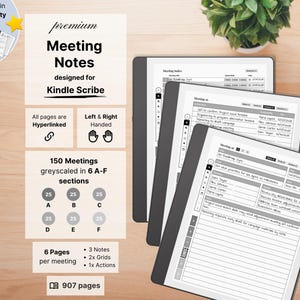 Mötesanteckningar för Kindle Scribe, 150 möten, 6 sidor per möte, hyperlänkad, vänster- och högerhänt, affärsanteckningsbok och planerare