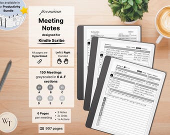 Meeting Notes for Kindle Scribe, 150 Meetings, 6 pages per Meeting, Hyperlinked, Left-Right Handed, Business, Meeting Notebook and Planner