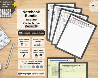 Set of 6 Notebooks for Kindle Scribe Colorsoft, White & Legal Pad, 607 pages per Notebook, lined, dotted, squared, yellow, Hyperlinked