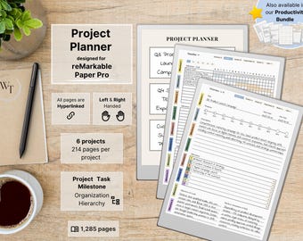 Project Planner for reMarkable Paper Pro, 6 Projects, Hyperlinked, Left-Right Handed, Business, Milestones, Tasks, Timelines, Kanban, Review