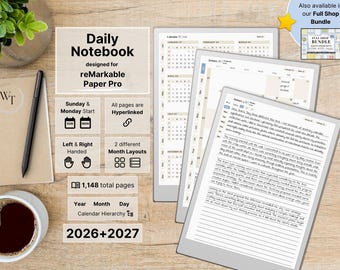Daily Notebook for reMarkable Paper Pro, 2026, 2027, dated Daily Notes, 3 lined notes pages per day, hyperlinked, Sunday-Monday, Left-Right
