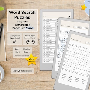 May include: Three digital tablets displaying word search puzzles for reMarkable Paper Pro. The screens show lists of categories, puzzle grids, and solutions. Text includes Word Search Puzzles, 200 Games, 406 total pages, and difficulty levels.