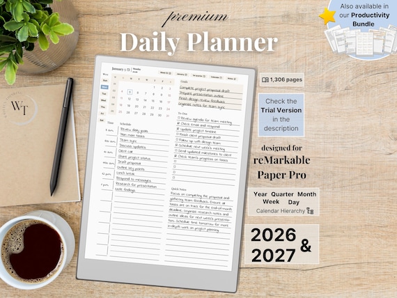 Premium Daily Planner for reMarkable Paper Pro — Minimalist, 2026, 2027, Year Quarter Month Week Day, Sunday-Monday, Left-Right-Handed