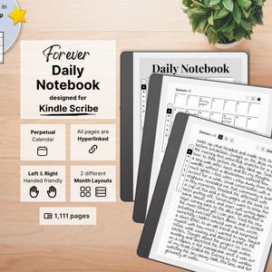 May include: A digital daily notebook for Kindle Scribe featuring a perpetual calendar, hyperlinked pages, and two month layouts. The interface displays 1,111 pages, including a daily journal entry with handwritten text and navigation icons.