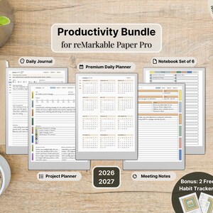 May include: A digital productivity bundle for reMarkable Paper Pro, featuring a daily journal, premium daily planner, notebook set, project planner, and meeting notes. Includes habit trackers. The bundle is designed for left and right-handed users, with Sunday and Monday start options.