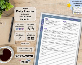 Basic Daily Planner for reMarkable Paper Pro, 2026, 2027, 2028, Purple, Daily Calendar & Notebook, Sunday-Monday, Left-Right, Hyperlinked