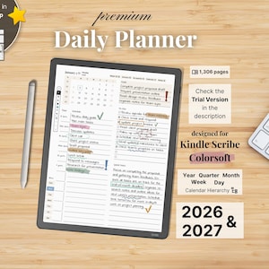 Kindle Scribe用プレミアムデイリープランナー Colorsoft — ミニマリスト、2026年、2027年、年、四半期、月、週、日、日曜日-月曜日、左利き-右利き