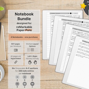 reMarkable Paper Pure用ノートブック4冊セット。1冊あたり607ページ。罫線入り、余白付き幅広罫線入り、ドット罫線入り、方眼罫線入り、ハイパーリンク付き。