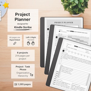 Project Planner for Kindle Scribe, 6 Projects, Business, Phases, Tasks, Timelines, Kanban, Review, Meeting, Milestone, Left-Right Handed