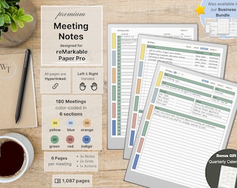 Notatki ze spotkań dla reMarkable Paper Pro, 180 spotkań, hiperłącza, dla lewo- i praworęcznych, biznes, notatnik ze spotkań, planista spotkań, prezent bonusowy