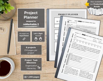 Project Planner for reMarkable 2, 6 Projects, Business, Milestones, Tasks, Timelines, Kanban, Review, Meeting, Left-Right Handed