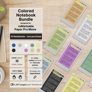 May include: A bundle of digital notebooks designed for reMarkable Paper Pro Move. The image shows ten notebooks with color-coded sections, lined layouts, and hyperlinks. The notebooks are shown in various colors, with a total of 1,207 pages per notebook.