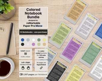 Notebooks for reMarkable Paper Pro Move, Set of 10 colored Notebooks, 1207 pages per Notebook, lined with margin, hyperlinked, Notepad