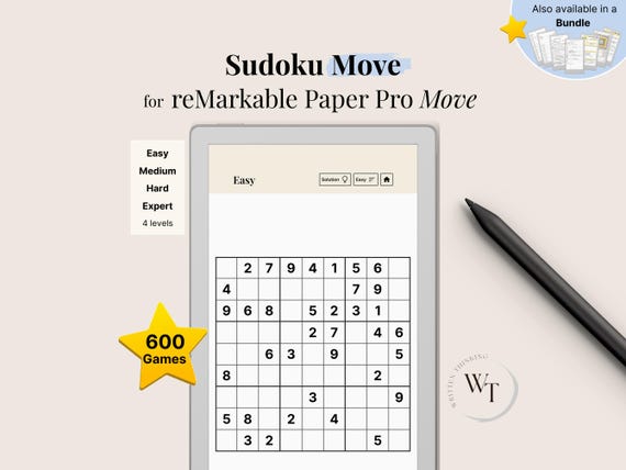 Sudoku Move for reMarkable Paper Pro Move, 600 Puzzles + Solutions on the Go, Puzzle Book, Mind Game, fully hyperlinked