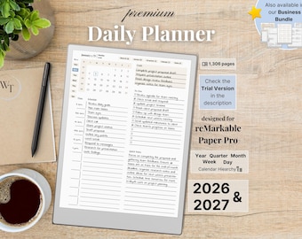 Premium Tages-Planer für reMarkable Paper Pro — Minimalist, 2026, 2027, Jahr Viertelmonat Wochentag, Sonntag-Montag, Links-Rechtshänder