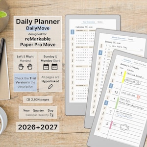 Daily Planner for reMarkable Paper Pro Move, 2026, 2027, DailyMove, Year Month Day, Notebook, Sunday-Monday, Left-Right