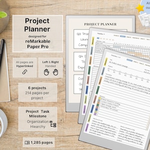 Może przedstawiać: Cyfrowy planer projektów zaprojektowany dla reMarkable Paper Pro. Obraz przedstawia cyfrowy planer z 1285 stronami, 6 projektami i 214 stronami na projekt. Zawiera hiperłącza, opcje dla osób lewo- i praworęcznych oraz kamienie milowe projektu. Dostępny również w pakiecie produktywności.