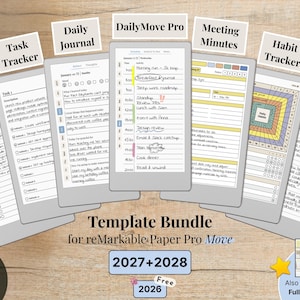 Template Bundle for reMarkable Paper Pro Move, 2026, 2027, 2028, Daily Planner, Journal, Meetings, Habit Tracker, 3 Notebooks, To-Do & Task
