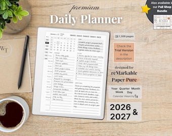 Premium Daily Planner for reMarkable Paper Pure, 2026, 2027, Year Quarter Month Week Day, Sunday-Monday, Left-Right-Handed, Minimalist