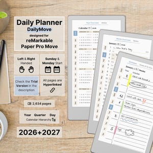 Daily Planner for reMarkable Paper Pro Move, 2026, 2027, DailyMove, Year Month Day, Notebook, Sunday-Monday, Left-Right