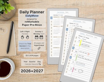 Daily Planner for reMarkable Paper Pro Move, 2026, 2027, DailyMove, Year Month Day, Notebook, Sunday-Monday, Left-Right