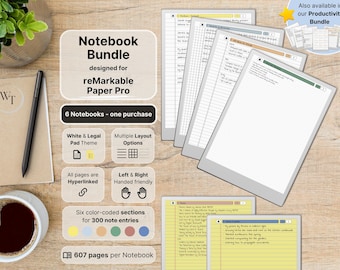 Conjunto de 6 cadernos para reMarkable Paper Pro, branco e tamanho ofício, 607 páginas por caderno, pautadas, pontilhadas, quadriculadas, amarelas, com hiperlinks.