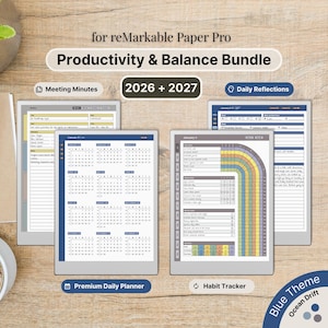 Bundle for reMarkable Paper Pro, 2026, 2027, Productivity & Balance Bundle, Blue, Daily Planner, Meetings, Habits, Reflections, dated