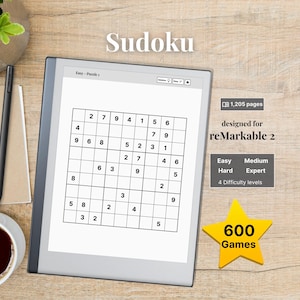 Sudoku for reMarkable 2, 600 hyperlinked Puzzles, Easy - Medium - Hard - Expert Level and Solutions, Bundle, Mindgames