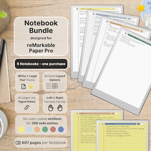 Set of 6 Notebooks for reMarkable Paper Pro, Yellow & White, 607 pages per Notebook, lined with margin, dotted, squared, Hyperlinked