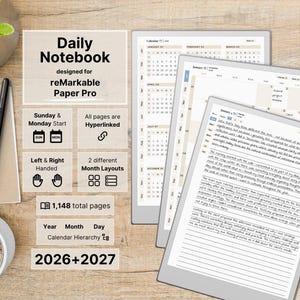 Daily Notebook for reMarkable Paper Pro, 2026, 2027, dated Daily Notes, 3 lined notes pages per day, hyperlinked, Sunday-Monday, Left-Right