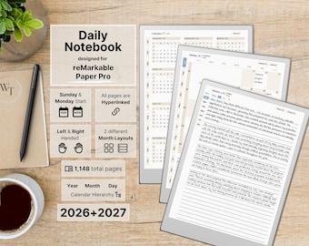 Daily Notebook for reMarkable Paper Pro, 2026, 2027, dated Daily Notes, 3 lined notes pages per day, hyperlinked, Sunday-Monday, Left-Right