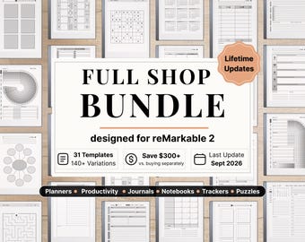 Lifetime Full Shop Bundle for reMarkable 2 - Planners, Productivity, Journals, Notebooks, Trackers, Puzzles, Full Template Access