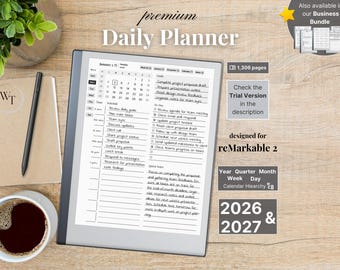 Planificador diario premium para reMarkable 2 — 2026, 2027, calendario y cuaderno, Año completo, Trimestre, Mes, Semana, Día, Domingo-Lunes, Izquierda-Derecha