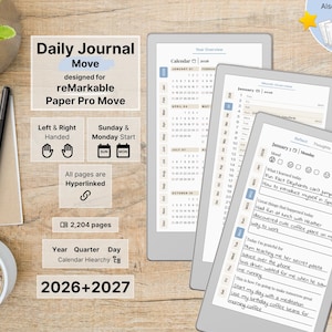Daily Journal for reMarkable Paper Pro Move, 2026, 2027, Daily Notebook, Gratitude, Reflection, Mindfulness, Sunday-Monday Start, Left-Right