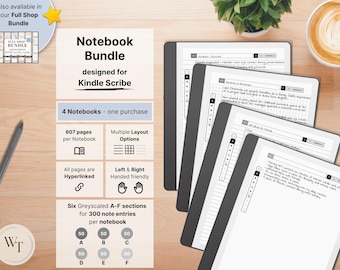 Set of 4 Notebooks for Kindle Scribe, 607 pages per Notebook, narrow and wide lined with margin, dotted, squared, hyperlinked