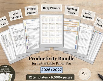 Templates for reMarkable Paper Pro, 2026, 2027, Daily Planner, Journal, Meeting, Project, Notebook, To-Do, Task Tracker, Productivity Bundle