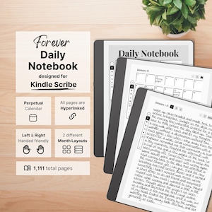 Kindle Scribe用デイリーノートブック、永久カレンダーと日々のメモ、1日3ページの罫線入り、ハイパーリンク付き、日付なし