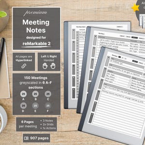 Notes de réunion pour reMarkable 2, 150 réunions, 6 pages par réunion, hypertexte, gaucher, affaires, cahier de réunion et agenda