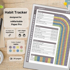 Habit Tracker per reMarkable Paper Pro, abitudini giornaliere, settimanali, mensili, panoramiche di 12 mesi, codificate a colori, con collegamenti ipertestuali, per mancini e destrimani