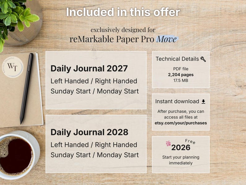 Daily Journal for reMarkable Paper Pro Move, 2026, 2027, 2028, Gratitude, Reflection, Mindfulness, Notebook, Sunday-Monday Start, Left-Right image 8