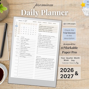 Planificador diario premium para reMarkable Paper Pro: minimalista, 2026, 2027, año, trimestre, mes, día de la semana, domingo y lunes, para zurdos y diestros.