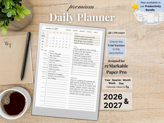 Premium Daily Planner for reMarkable Paper Pro — Minimalist, 2026, 2027, Year Quarter Month Week Day, Sunday-Monday, Left-Right-Handed